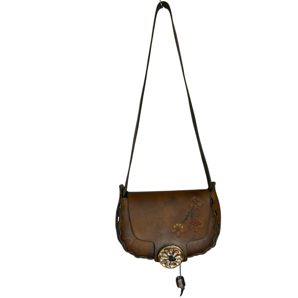 1960s/70s Vintage Hand Tooled Leather & Painted Flower Shoulder Bag Purse Boho - Picture 3 of 12